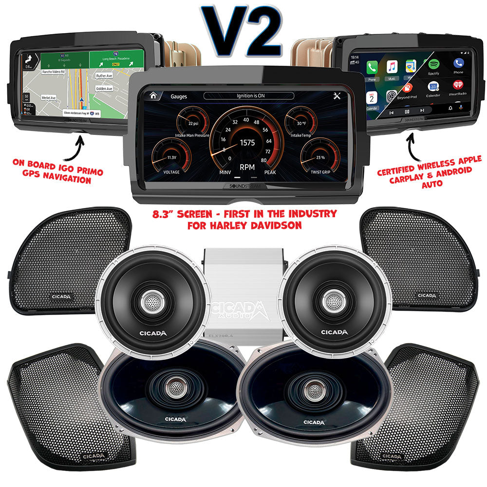 Cicada Audio CX Stage 4 Plug & Play Amp And Speaker Package With Soundstream Reserve V2 Radio For 2015-2023 Harley Davidson® Road Glide