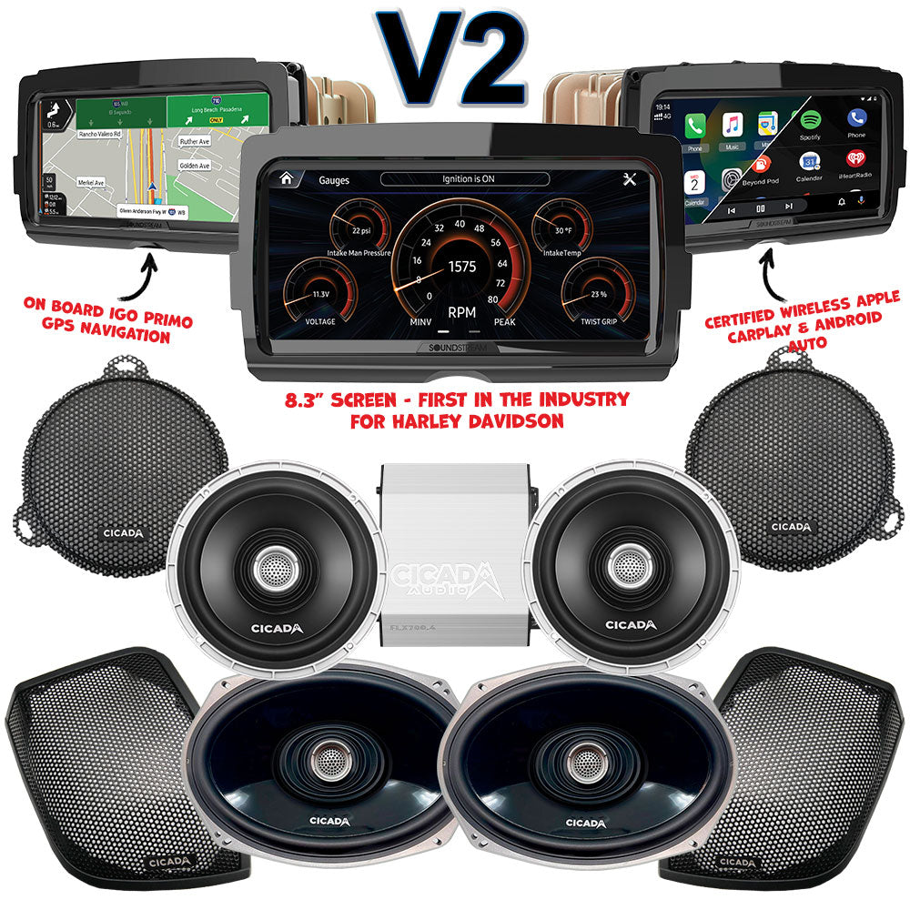 Cicada Audio CX Stage 4 Plug & Play Amp And Speaker Package With Soundstream Reserve V2 Radio For 2014-2023 Harley Davidson® Street Glide, Electra Glide, And Ultra