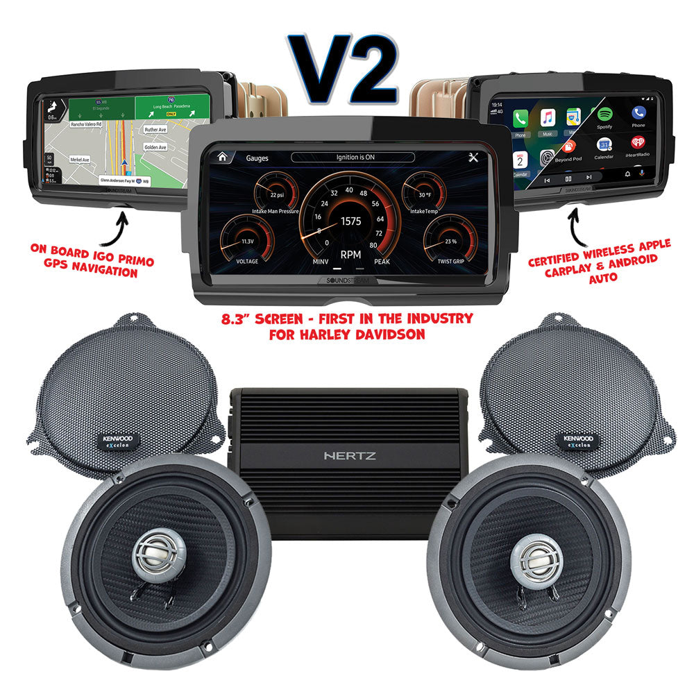Kenwood Stage 2 Plug & Play Amp and Speaker Package With Soundstream Reserve V2 Radio For 2014-2023 Harley Davidson® Street Glide, Electra Glide, and Ultra