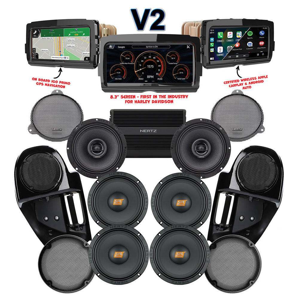 Hertz Stage 6 Plug & Play Amp and Speaker Package with Complete Lower Fairing Adapters and SoundStream Reserve V2 Radio For 2014-2023 Harley Davidson® Street Glide and Electra Glide