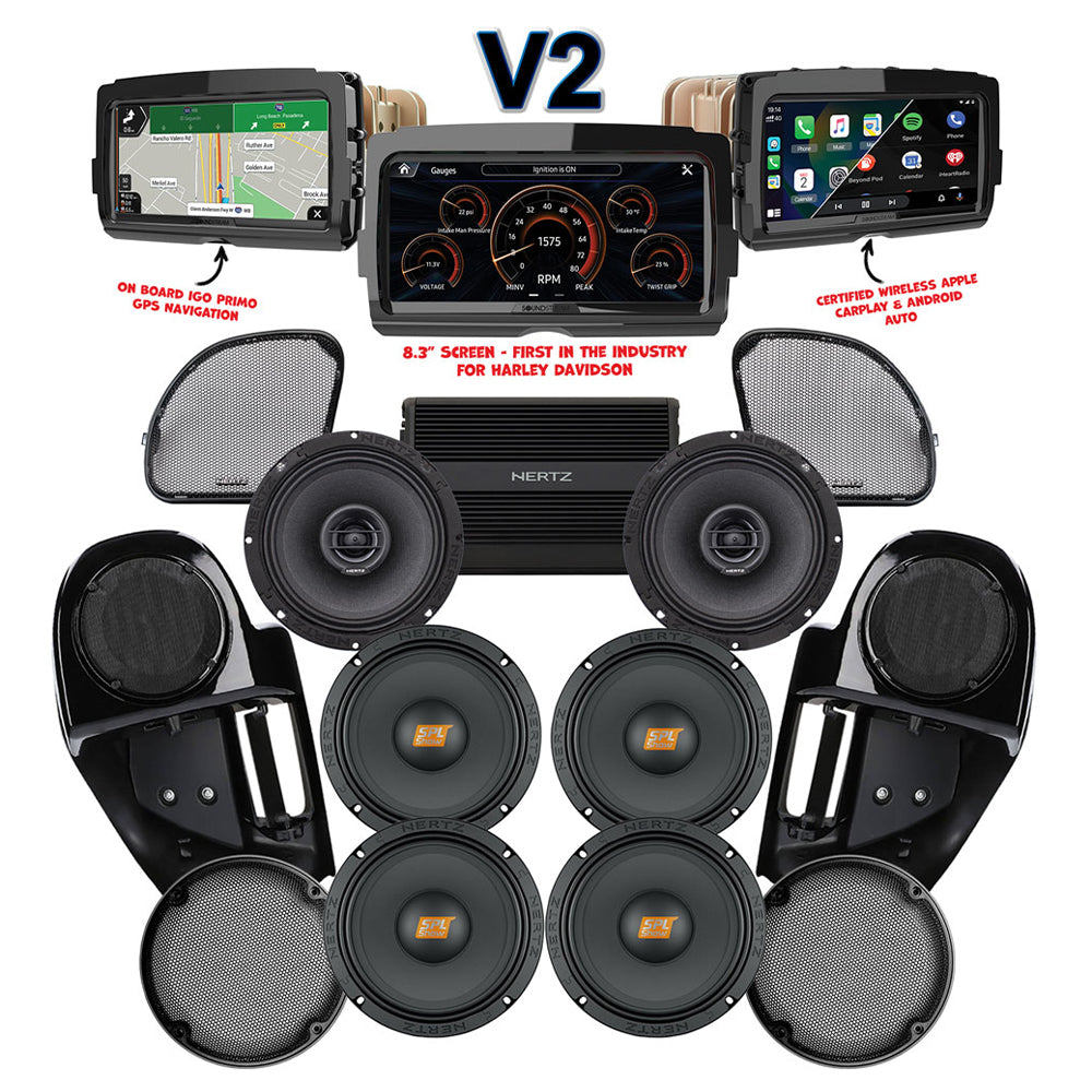 Hertz Stage 6 Plug & Play Amp and Speaker Package with Complete Lower Fairing Adapters and SoundStream Reserve V2 Radio For 2015-2023 Harley Davidson® Road Glide