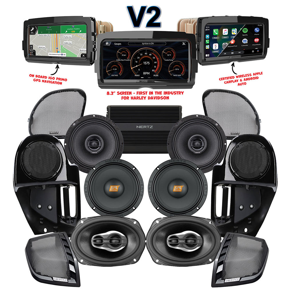 Hertz Stage 6 Plug & Play Amp and Speaker Package with Complete Lower Fairing Adapters and SoundStream Reserve V2 Radio For 2015-2023 Harley Davidson® Road Glide