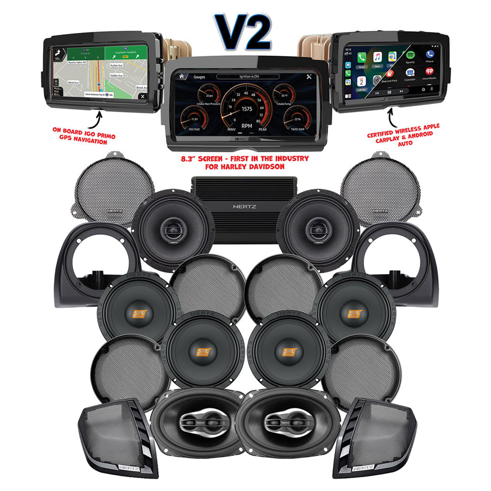 Hertz Stage 8 Plug & Play Amp and Speaker Package with Air-Cooled Lower Fairing Adapters and SoundStream Reserve V2 Radio For 2014-2019 Harley Davidson® Electra Glide Ultra