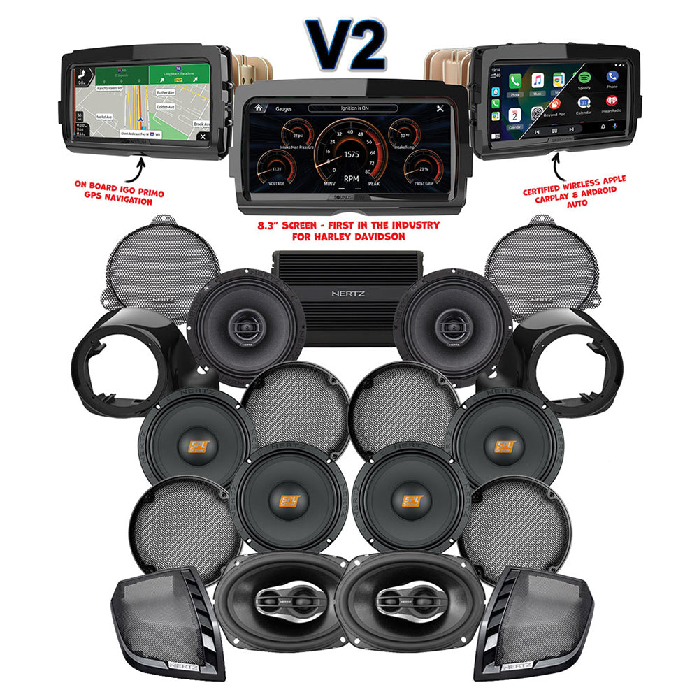 Hertz Stage 8 Plug & Play Amp and Speaker Package with Liquid-Cooled Lower Fairing Adapters and SoundStream Reserve V2 Radio For 2014-2024 Harley Davidson® Ultra Limited