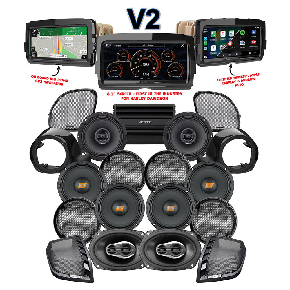Hertz Stage 8 Plug & Play Amp and Speaker Package with Liquid-Cooled Lower Fairing Adapters and SoundStream Reserve V2 Radio For 2015-2024 Harley Davidson® Road Glide Ultra / Limited