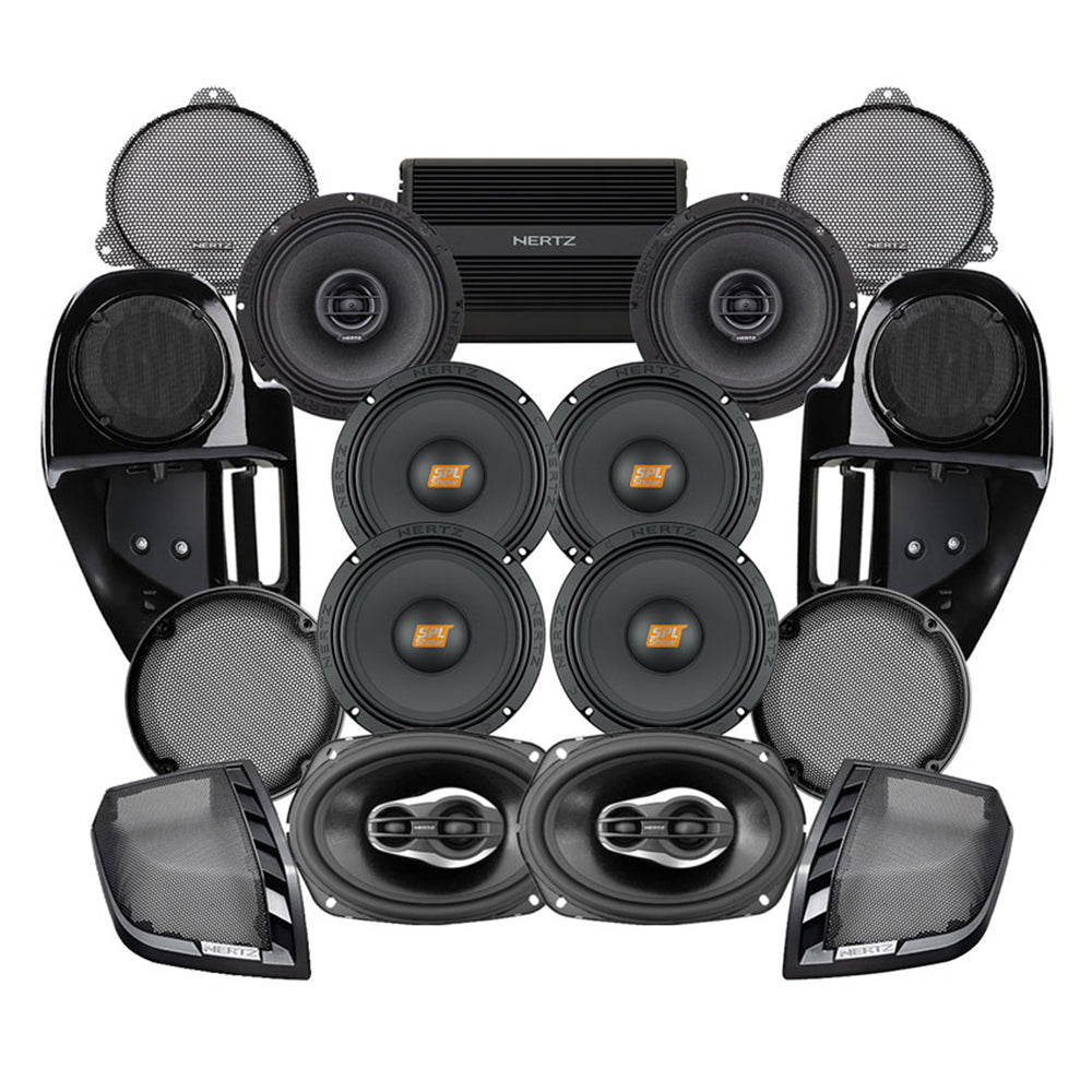 Hertz Stage 8 Plug & Play Amp and Speaker Package with Complete Lower Fairing Adapters For 2014-2023 Harley Davidson® Street Glide and Electra Glide with Factory or Existing SoundStream Reserve Radios