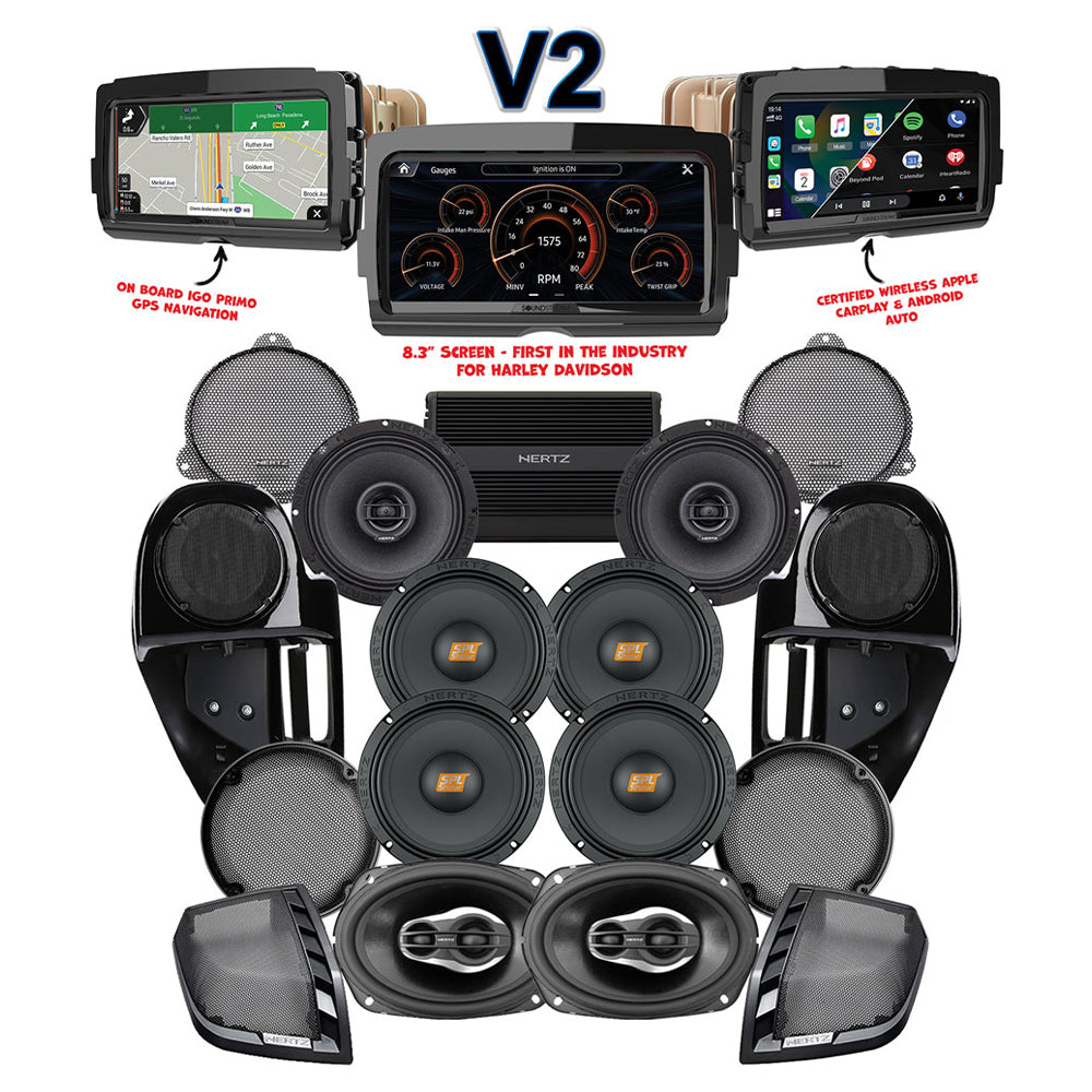 Hertz Stage 8 Plug & Play Amp and Speaker Package with Complete Lower Fairing Adapters and SoundStream Reserve V2 Radio For 2014-2023 Harley Davidson® Street Glide and Electra Glide
