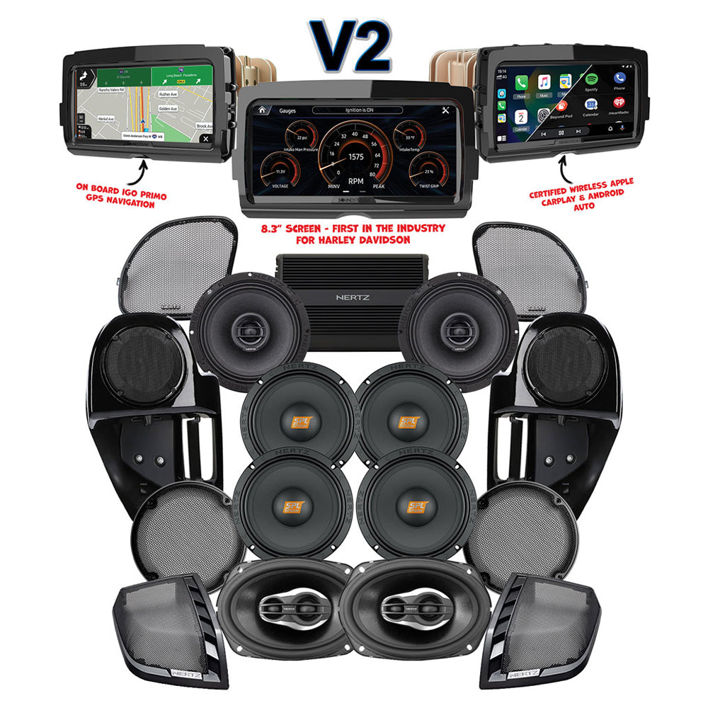Hertz Stage 8 Plug & Play Amp and Speaker Package with Complete Lower Fairing Adapters and SoundStream Reserve V2 Radio For 2015-2023 Harley Davidson® Road Glide
