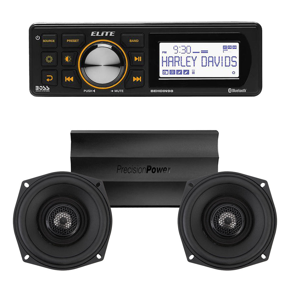 Precision Power 5.25" Plug & Play Amp And Speaker Package With Boss Elite BEHDIN98 Radio For 1998-2013 Harley Davidson® Road Glide