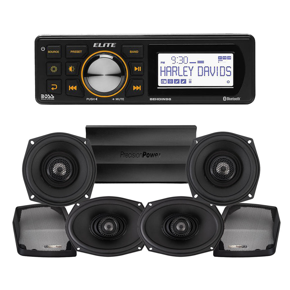 Precision Power Stage 4 Plug & Play Amp And Speaker Package With Boss Elite BEHDIN98 Radio For 1998-2013 Harley Davidson® Street Glide, Electra Glide, And Ultra
