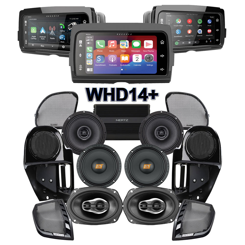 Hertz Stage 6 Plug & Play Amp and Speaker Package with Complete Lower Fairing Adapters and SoundStream Reserve WHD14+ Radio For 2015-2023 Harley Davidson® Road Glide