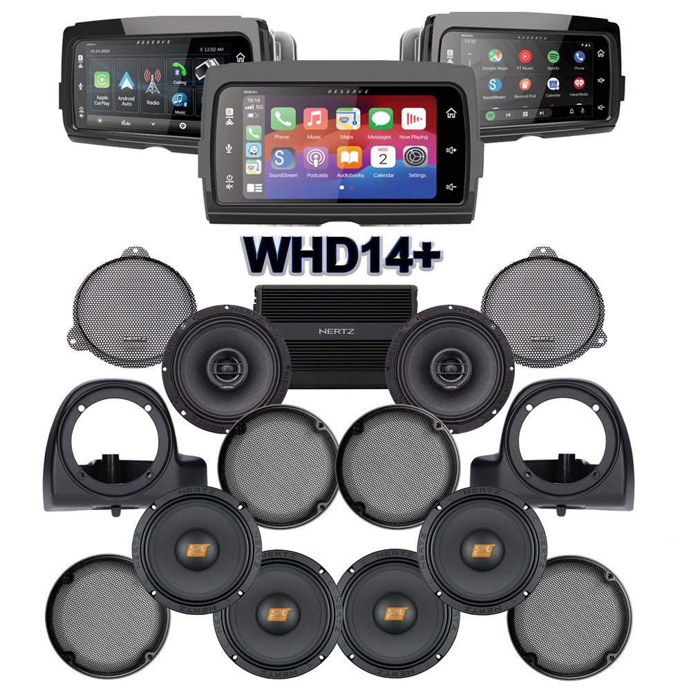 Hertz Stage 6 Plug & Play Amp and Speaker Package with Air-Cooled Lower Fairing Adapters and SoundStream Reserve WHD14+ Radio For 2014-2019 Harley Davidson® Electra Glide Ultra