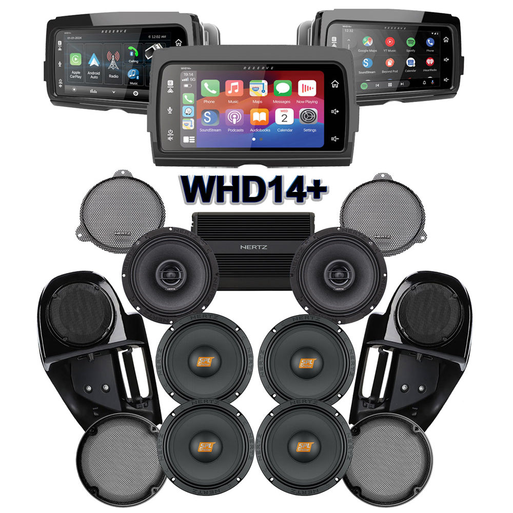 Hertz Stage 6 Plug & Play Amp and Speaker Package with Complete Lower Fairing Adapters and SoundStream Reserve WHD14+ Radio For 2014-2023 Harley Davidson® Street Glide and Electra Glide