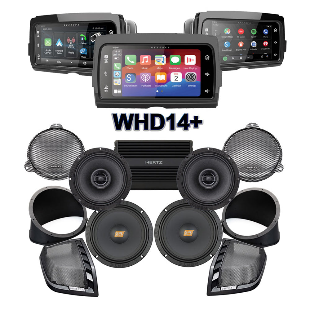Hertz Stage 4 Plug & Play Amp And Rear 8” Speaker Package + Adapters With Soundstream Reserve WHD14+ Radio For 2014-2023 Harley Davidson® Street Glide, Electra Glide, And Ultra