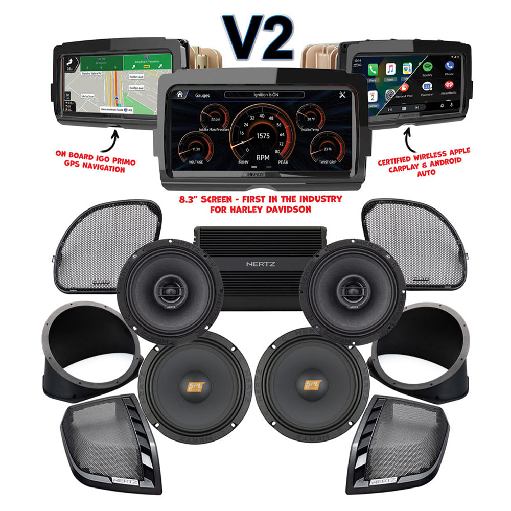 Hertz Stage 4 Plug & Play Amp And Rear 8” Speaker Package + Adapters With Soundstream Reserve V2 Radio For 2015-2023 Harley Davidson® Road Glide
