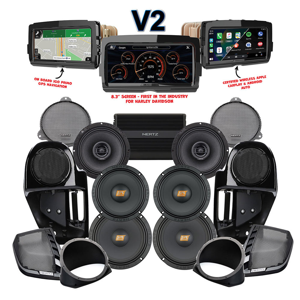 Hertz Stage 6 Plug & Play Amp and Rear 8" Speaker Package + Adapters with Complete Lower Fairing Adapters and SoundStream Reserve V2 Radio For 2014-2023 Harley Davidson® Street Glide and Electra Glide