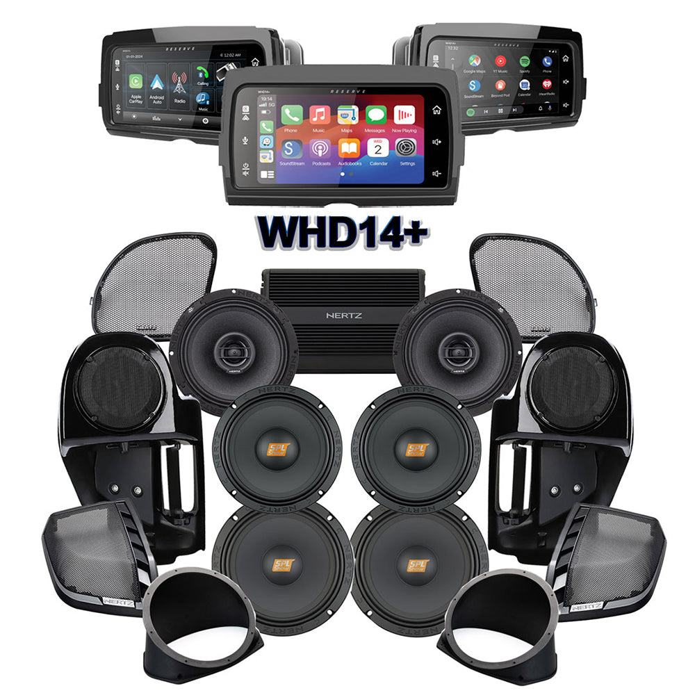 Hertz Stage 6 Plug & Play Amp and Rear 8" Speaker Package + Adapters with Complete Lower Fairing Adapters and SoundStream Reserve WHD14+ Radio For 2015-2023 Harley Davidson® Road Glide