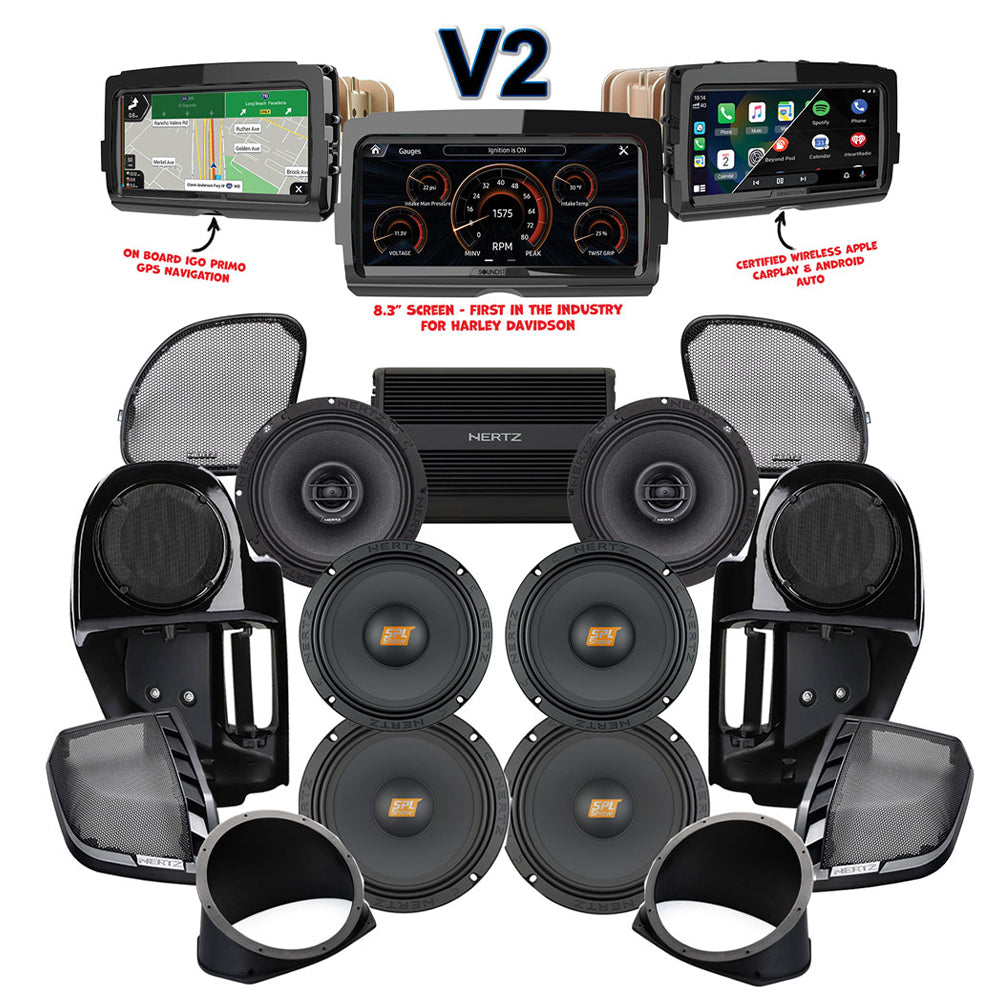 Hertz Stage 6 Plug & Play Amp and Rear 8" Speaker Package + Adapters with Complete Lower Fairing Adapters and SoundStream Reserve V2 Radio For 2015-2023 Harley Davidson® Road Glide