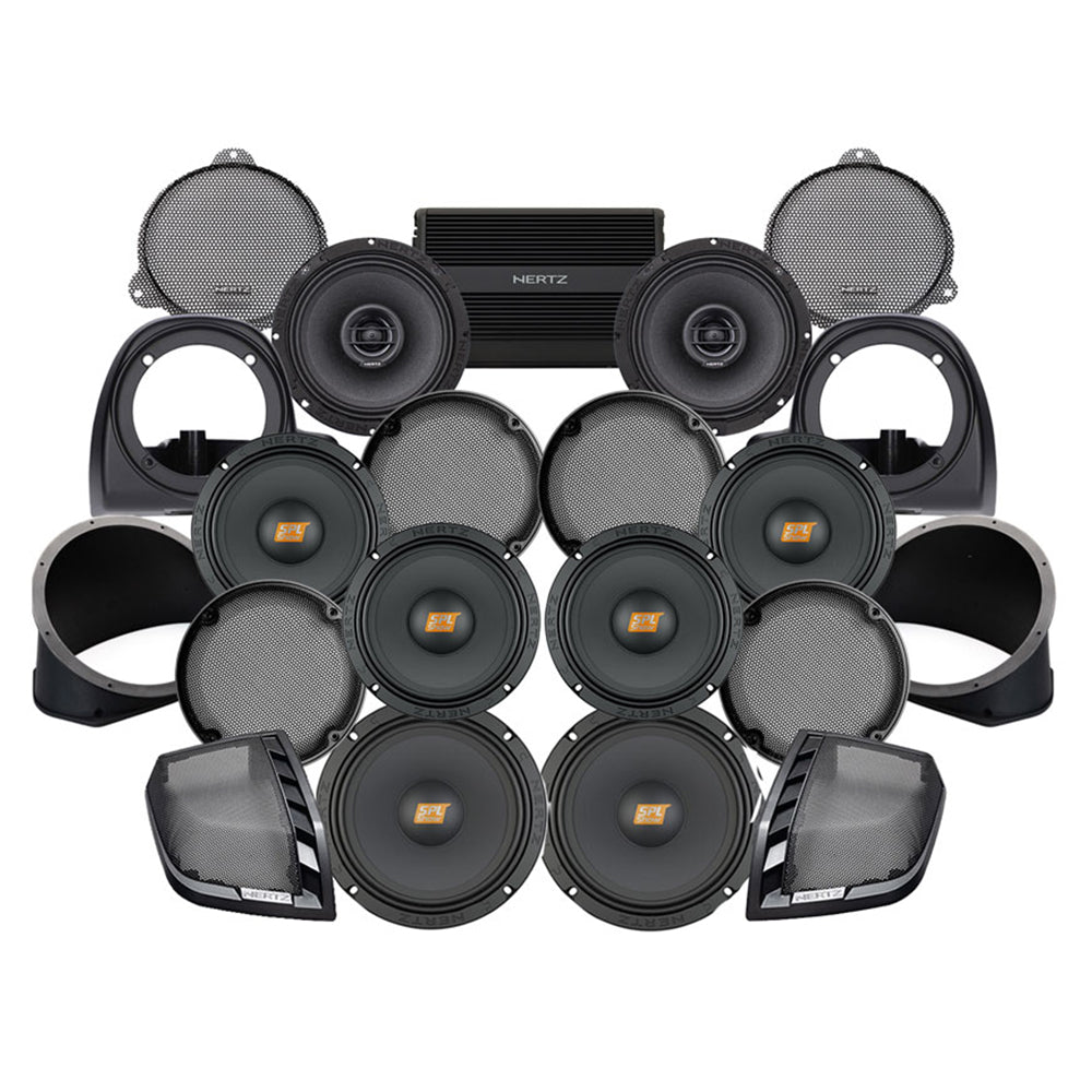 Hertz Stage 8 Plug & Play Amp and Rear 8" Speaker Package + Adapters with Air-Cooled Lower Fairing Adapters For 2014-2019 Harley Davidson® Electra Glide Ultra with Factory or Existing SoundStream Reserve Radios