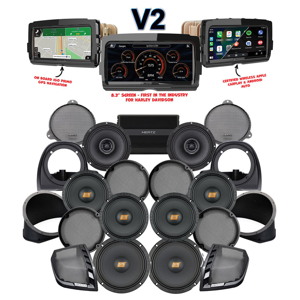 Hertz Stage 8 Plug & Play Amp and Rear 8" Speaker Package + Adapters with Air-Cooled Lower Fairing Adapters and SoundStream Reserve V2 Radio For 2014-2019 Harley Davidson® Electra Glide Ultra