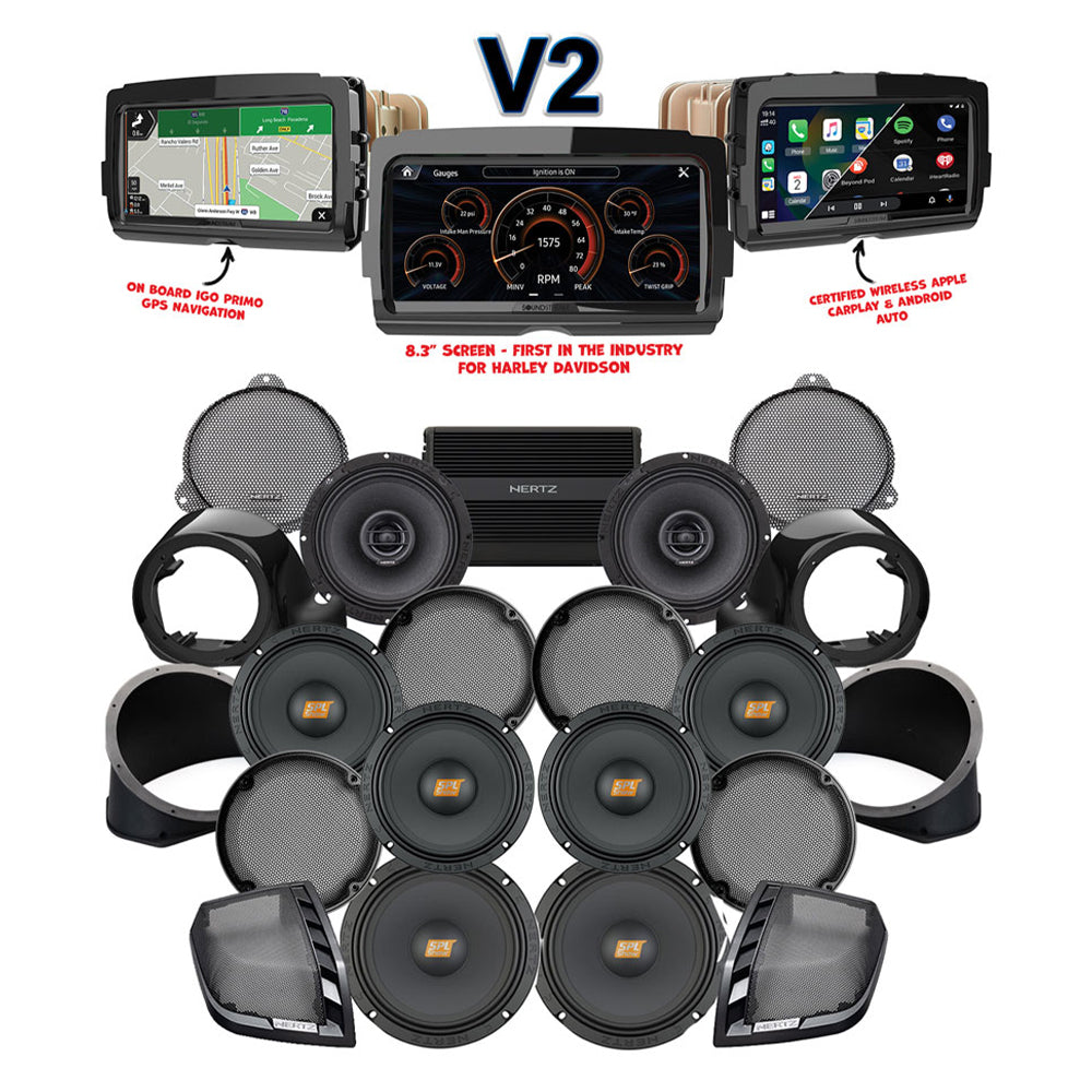 Hertz Stage 8 Plug & Play Amp and Rear 8" Speaker Package + Adapters with Liquid-Cooled Lower Fairing Adapters and SoundStream Reserve V2 Radio For 2014-2024 Harley Davidson® Ultra Limited