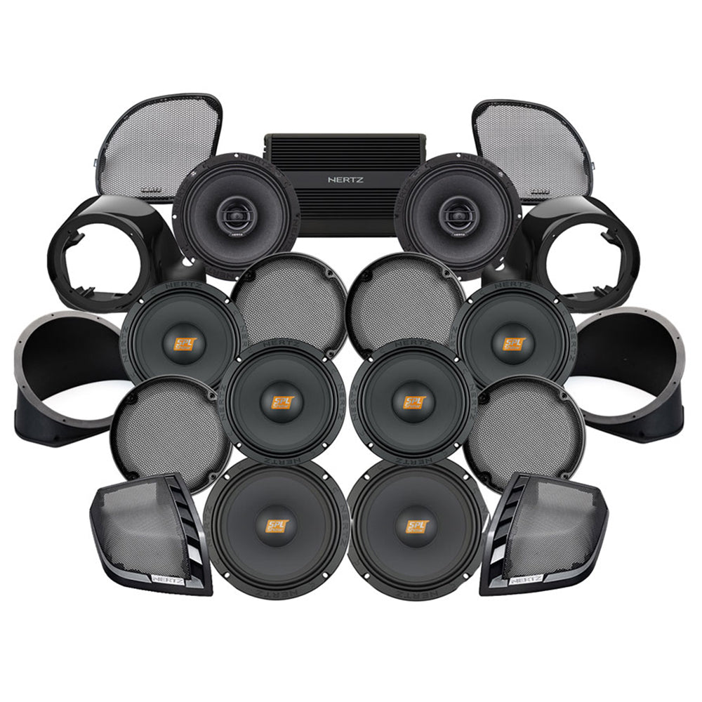Hertz Stage 8 Plug & Play Amp and Rear 8" Speaker Package + Adapters with Liquid-Cooled Lower Fairing Adapters For 2015-2024 Harley Davidson® Road Glide Ultra / Limited with Factory or Existing SoundStream Reserve Radios